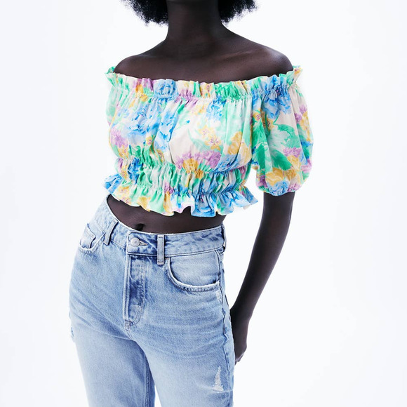Zara Floral Printed Puff Sleeve Off The Shoulder Top - Picture 9 of 9